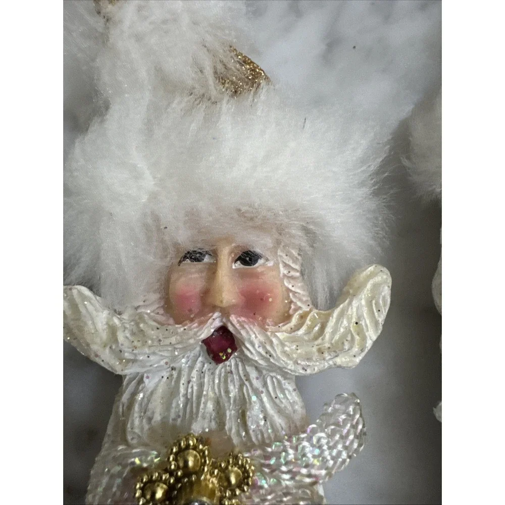 White Glitter Santa Claus Icicle Ornaments Gold Accents Faux Fur Trim Set of 2 - Picture 2 of 8